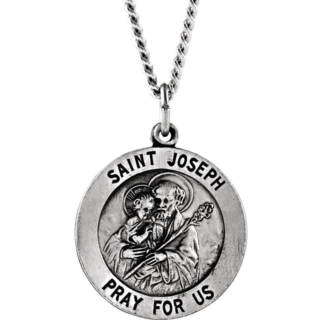 St Joseph Round Sterling Silver Necklace With Chain