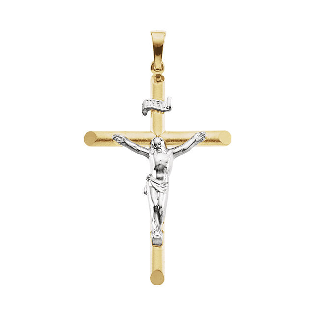 Two Tone Round INRI Crucifix Pendant in Solid 14 Karat Gold