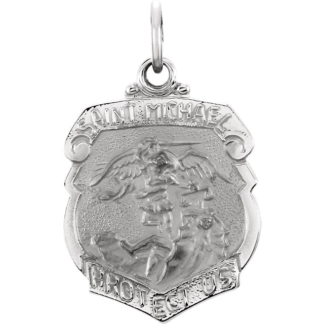 Saint Michael Shield Badge Pendant in Solid 14 Karat White Gold Protect Us Medal 27 x 21 MM