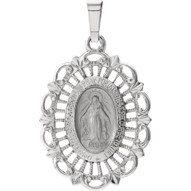 Oval Fancy Miraculous Medal Pendant in Solid 14 Karat White Gold