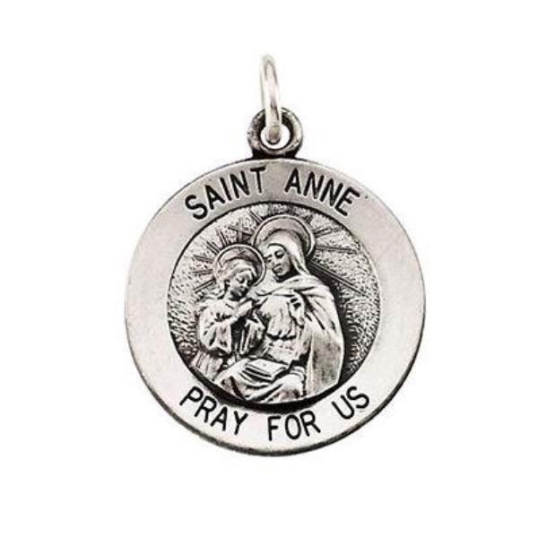 St. Anne Round Medal Pendant in 14 Karat White Gold