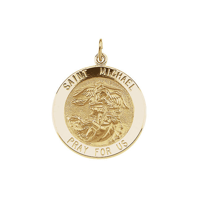 Round Saint Michael Pendant in Solid 14 Karat Yellow Gold Pray for Us Medal