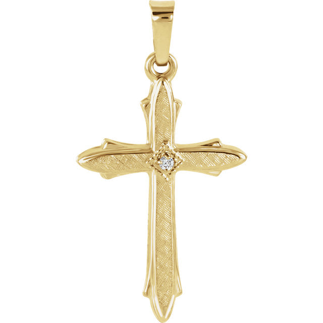 Accented Fitchee Round Diamond Solitaire Hollow Cross in 14 Karat Yellow Gold