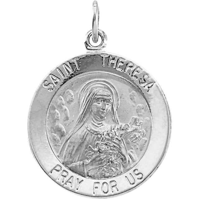 Round Saint Theresa Necklace in Solid Sterling Silver Pray for Us Medal