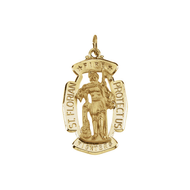 Oval Saint Florian Fire Fighter Pendant in Solid 14 Karat Yellow Gold Protect Us Medal 30 x 20 MM