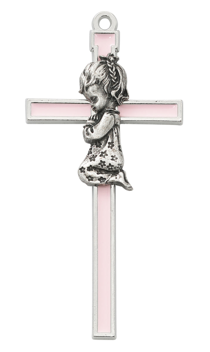 Pink With Silver Color Trim Praying Baby Girl Wall Cross 5 Inches –  www.allpatronsaints.com, image size:716x1200