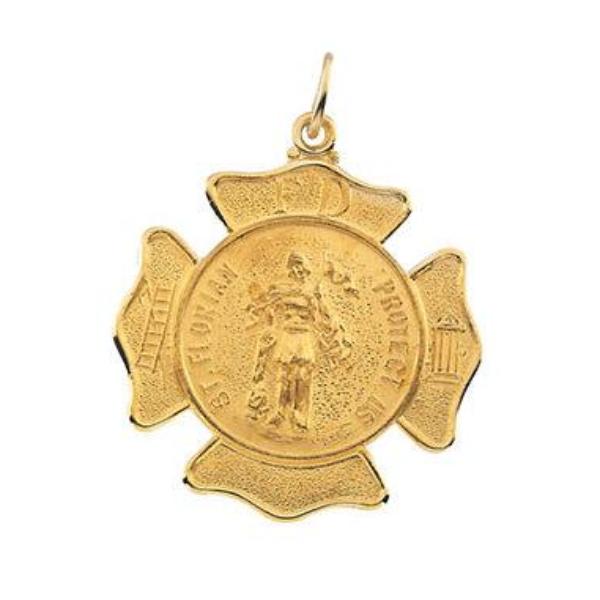 Round Saint Florian Fire Fighter Medal in Solid 14 Karat Yellow Gold Protect Us Medal 25 MM