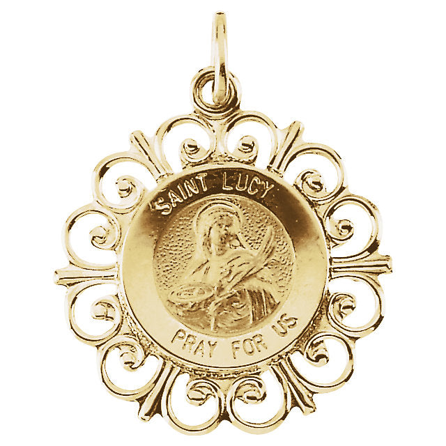 Saint Lucy Round Medal Fleur De Lis Pendant in 14 Karat Yellow Gold 18 MM