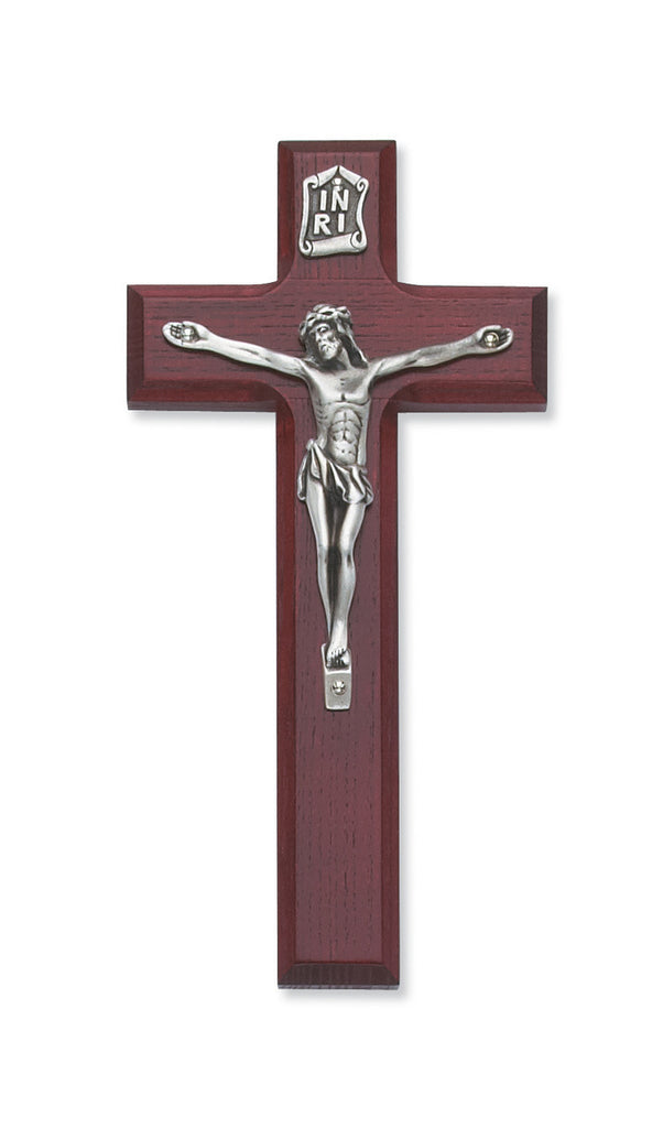 Cherry Wood Wall Crucifix Cross Silver Color Corpus INRI 7 Inch