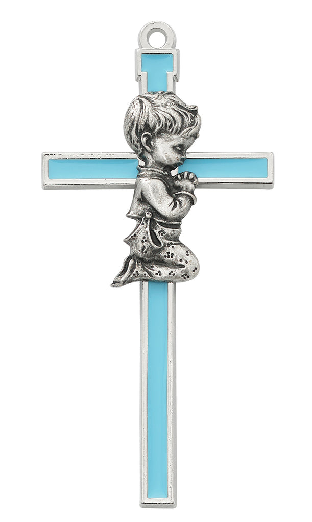 Blue With Silver Color Trim Praying Baby Boy Wall Cross 5 Inches