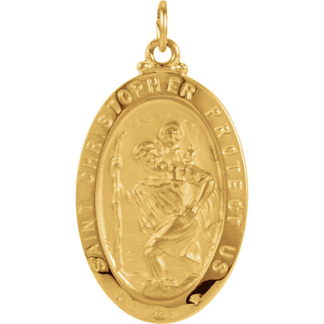 Saint Christopher Fine Oval Pendant in Solid Yellow Gold Protect Us Medal