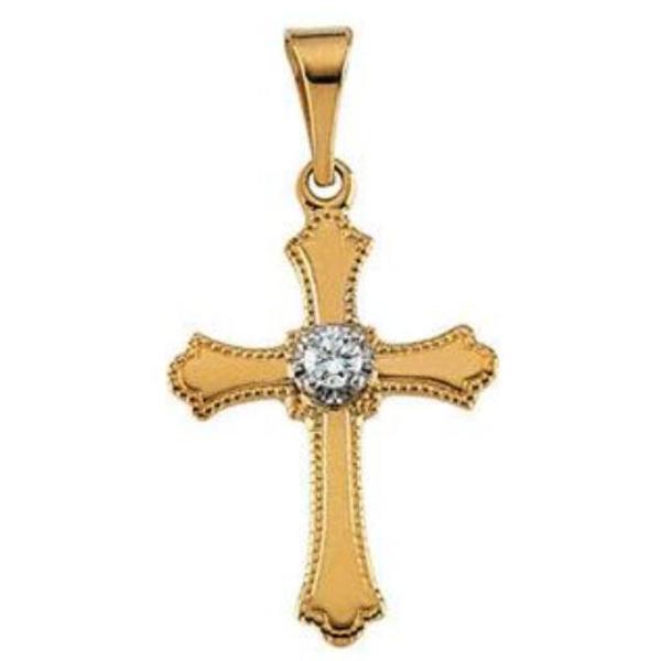 Simple Illusion Top Diamond Solitaire Cross With Beaded Edge Solid 14 Karat Yellow Gold