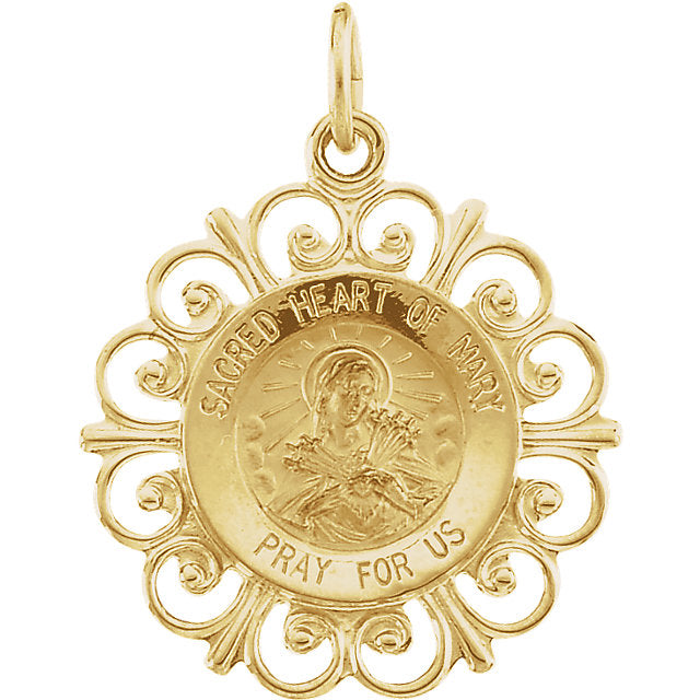Sacred Heart of Mary Round Medal Fleur De Lis Pendant in 14 Karat Yellow Gold