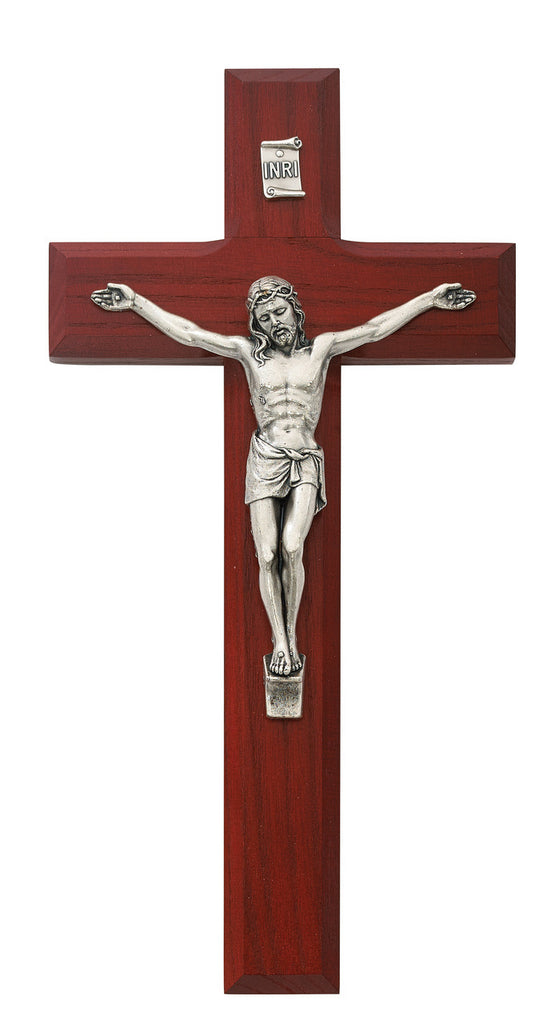 Beveled Cherry Wood Wall Crucifix Cross With Silver Color Corpus And INRI 8 Inches