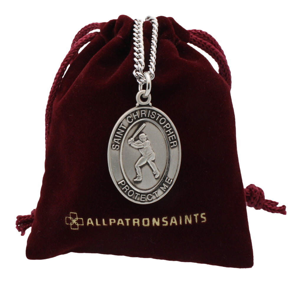 St Christopher Baseball Medal in Sterling Silver With Rhodium Plated Nickle Necklace