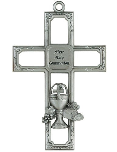Square Pewter First Holy Communion Wall Cross With Chalice 6 Inches