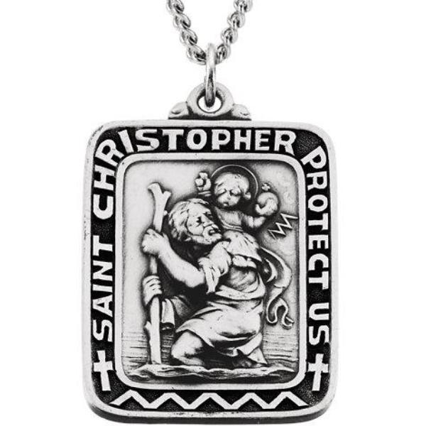 Square Saint Christopher Necklace in Solid Sterling Silver Protect Us Medal 31 x 25 MM