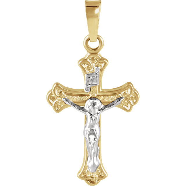 Budded INRI Crucifix Cross Pendant in Solid 14 Karat Two Tone Gold