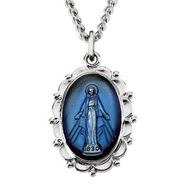 Flowing Ribbon Blue Center Miraculous Medal Necklace in Solid Sterling Silver