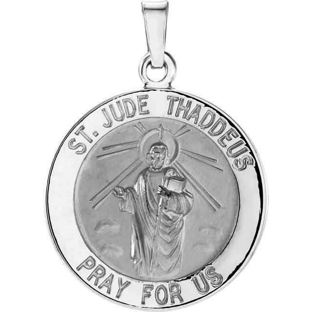 Saint Jude Round Pendant in Solid 14 Karat White Gold Pray for Us Medal