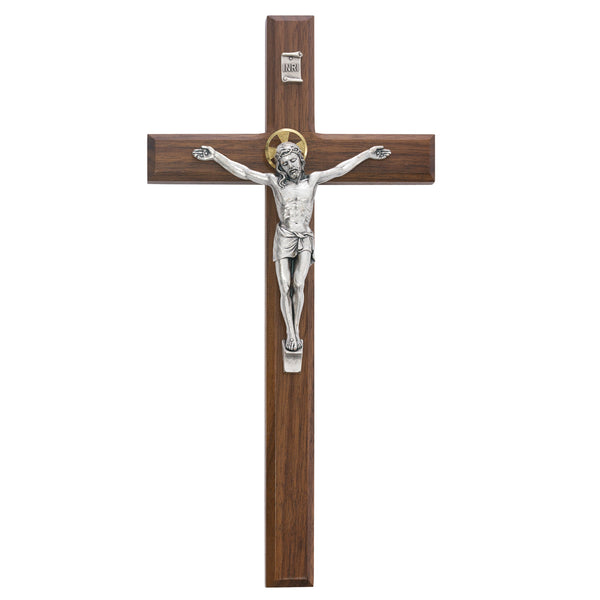 Beveled Walnut Wall Crucifix Cross Silver Color Cross Gold Color Halo 12 Inch