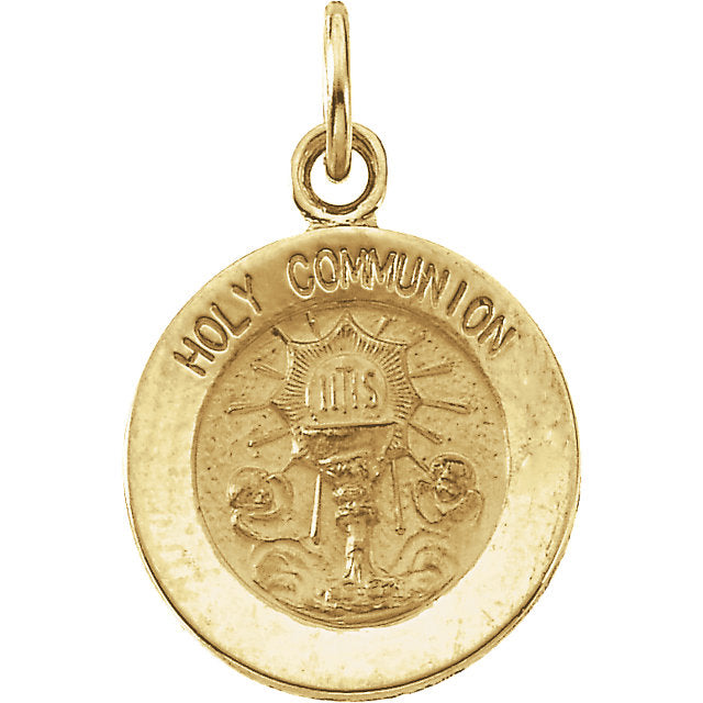 Round Holy Communion Pendant Medal in Solid 14 Karat Yellow Gold