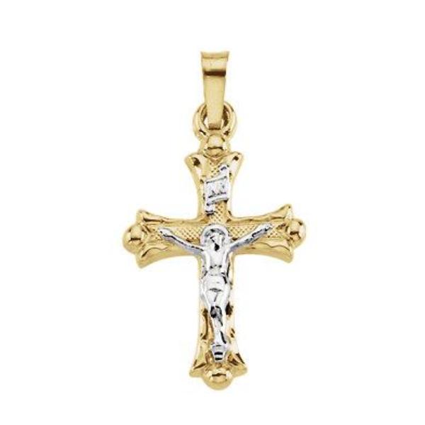 Two Tone Budded INRI Hollow Crucifix Cross in 14 Karat Gold