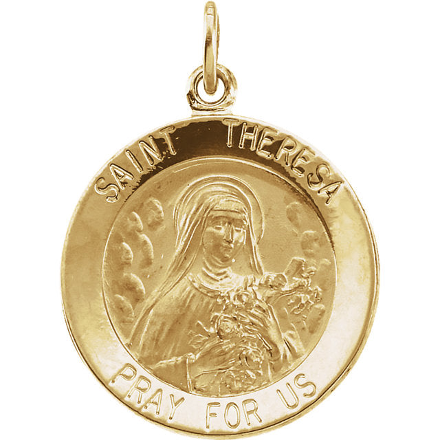 Round Saint Theresa Pendant in Solid 14 Karat Yellow Gold Pray for Us Medal