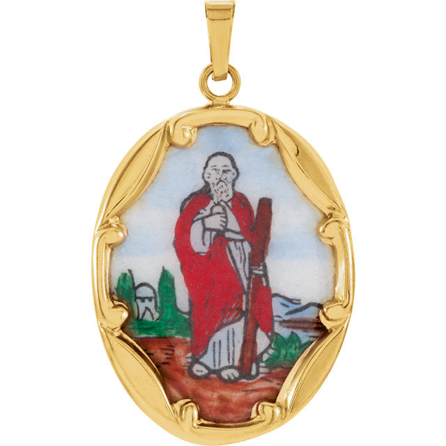 Saint Jude Hand Painted Fine Porcelain Oval Pendant in Solid 14 Karat Yellow Gold Medal