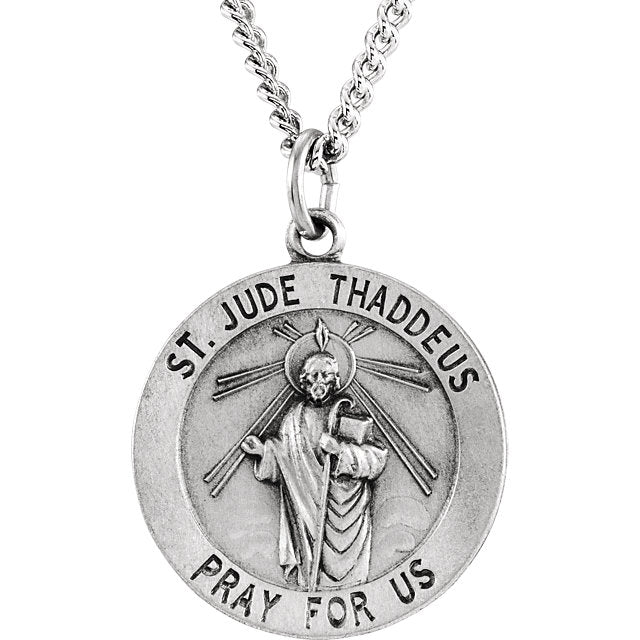 Saint Jude Round Pendant Necklace in Solid Sterling Silver Pray for Us Medal