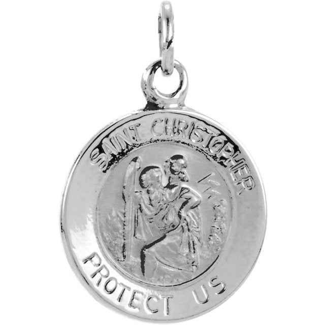 Round Saint Christopher Pendant in Solid White Gold Protect Us Medal