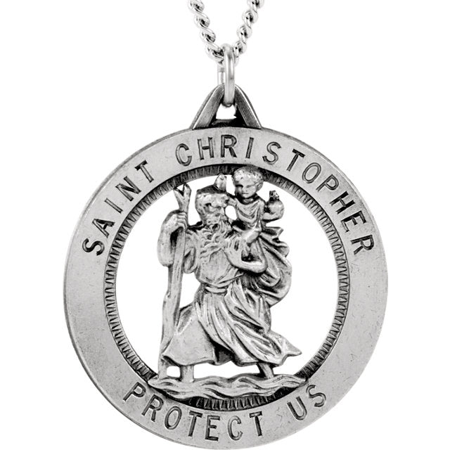 Blue Oval Saint Christopher Protect Us Words Pendant In 925