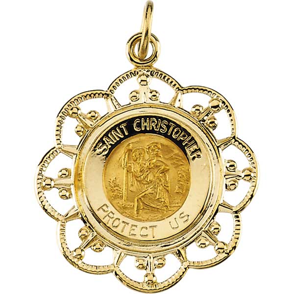 Saint Christopher Fleur-De-Lis Solid Yellow Gold Protect Us Medal 23.00x20.00 MM