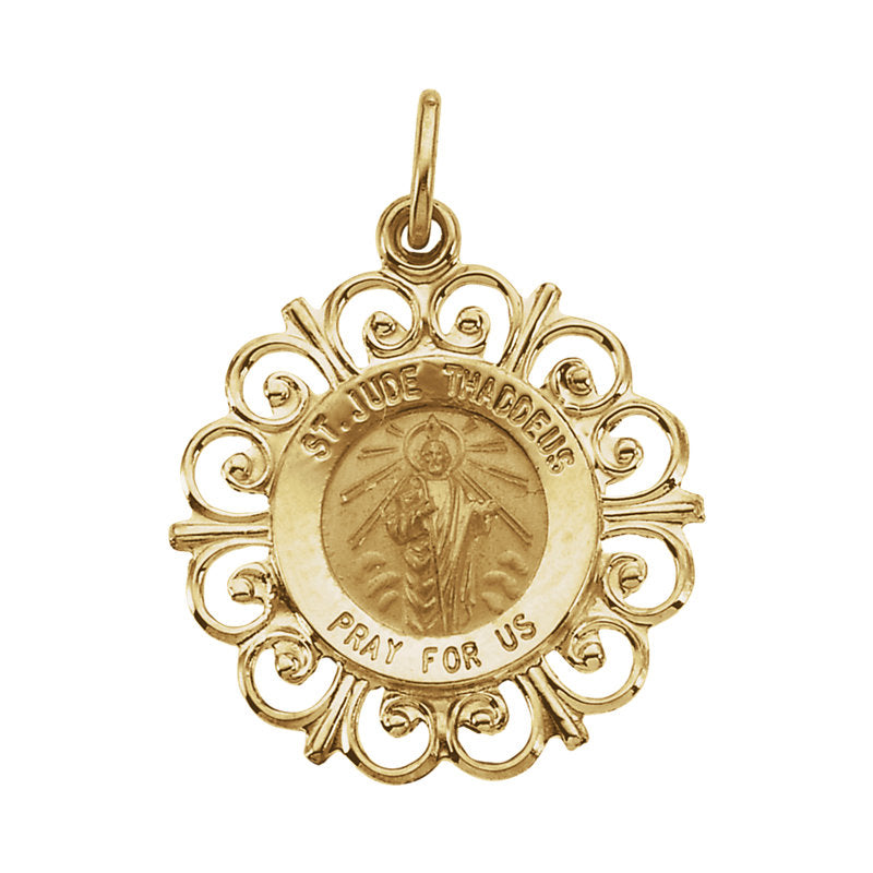 St Jude Radiant Fleur-De-Lis Pendant in Solid 14 Karat Yellow Gold Pray for Us Medal 18 MM