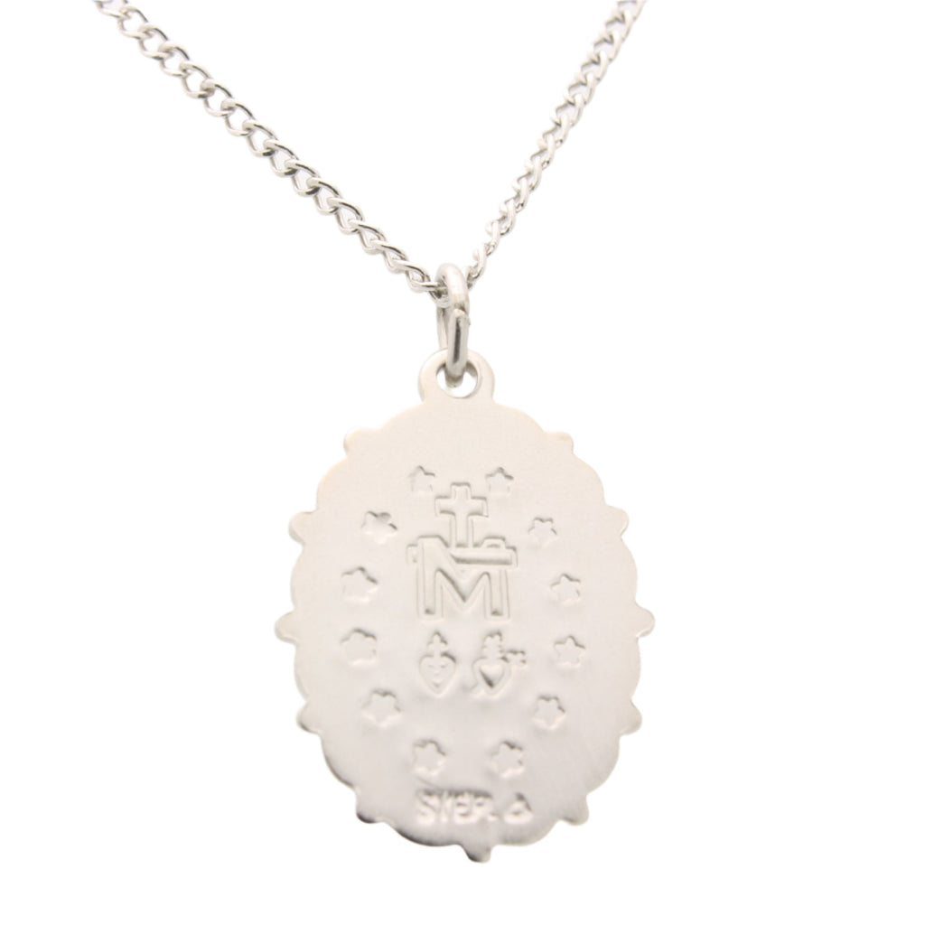 Flowing Ribbon Blue Center Miraculous Medal Necklace in Solid Sterling Silver