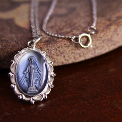 Flowing Ribbon Blue Center Miraculous Medal Necklace in Solid Sterling Silver
