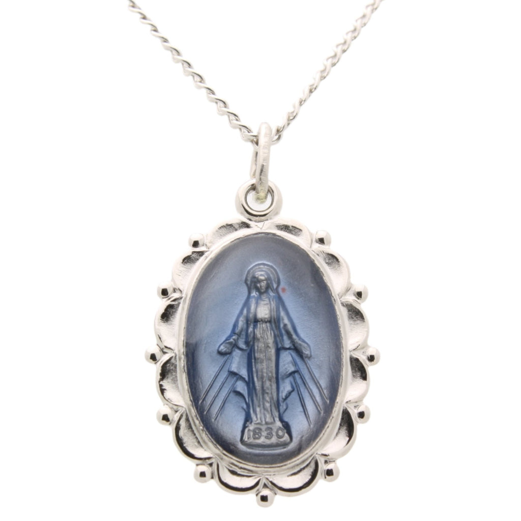 Flowing Ribbon Blue Center Miraculous Medal Necklace in Solid Sterling Silver