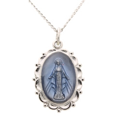 Flowing Ribbon Blue Center Miraculous Medal Necklace in Solid Sterling Silver
