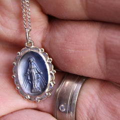 Flowing Ribbon Blue Center Miraculous Medal Necklace in Solid Sterling Silver