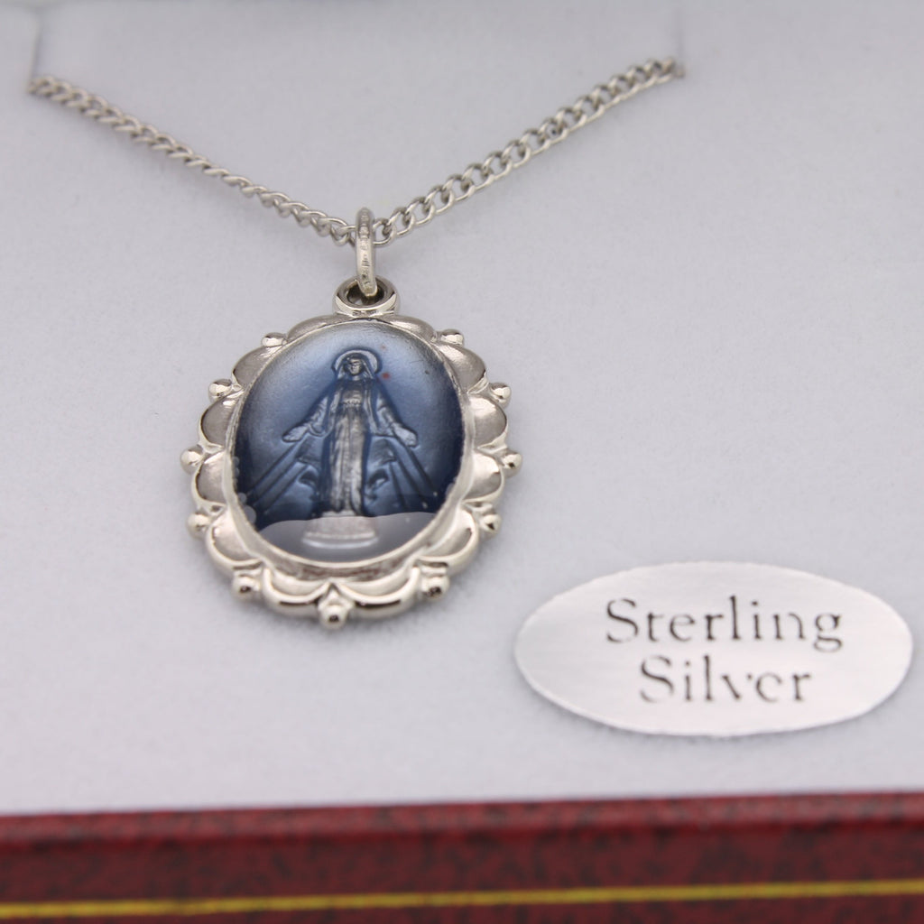 Flowing Ribbon Blue Center Miraculous Medal Necklace in Solid Sterling Silver