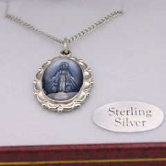 Flowing Ribbon Blue Center Miraculous Medal Necklace in Solid Sterling Silver