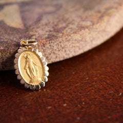 Miraculous Medal Flower Pendant in Solid 14 Karat Yellow Gold 17 X