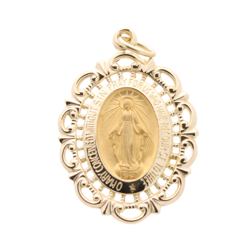 Oval Fancy Miraculous Medal Pendant in Solid 14 Karat Yellow Gold
