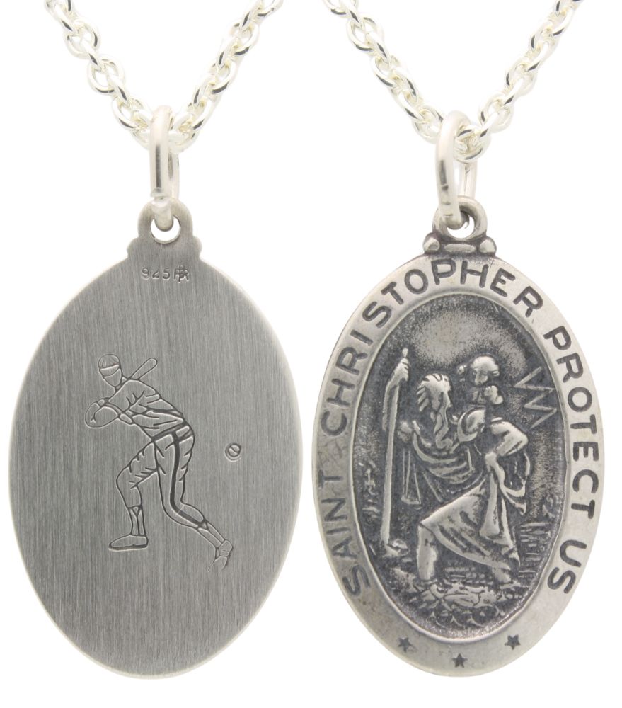Antiqued St Christopher Baseball Medal in Sterling Silver