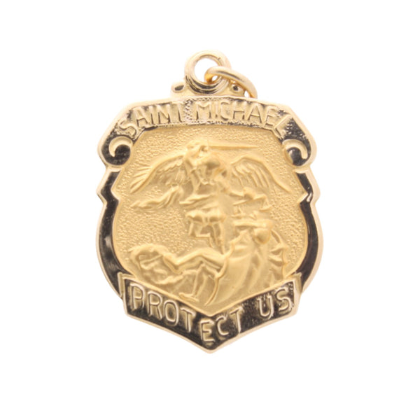 Saint Michael Shield Badge Pendant in Solid 14 Karat Yellow Gold Protect Us Medal
