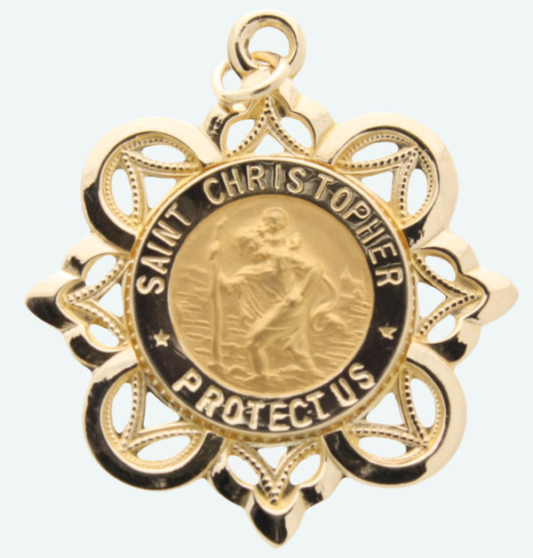 Saint Christopher Crown Pendant in Solid 14 Karat Yellow Gold Protect Us Medal 28 x 26 MM