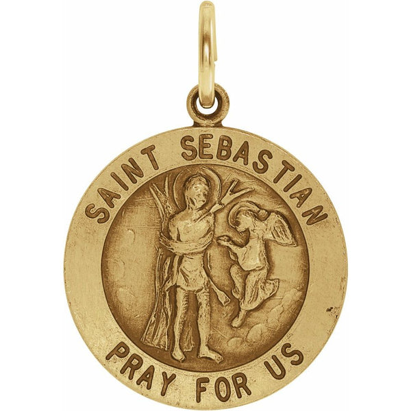 Round Saint Sebastian Necklace in Solid 14 Karat Yellow Gold Pray for Us