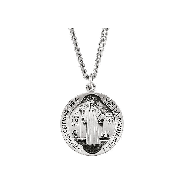 Sterling Silver St Benedict Round Medal Pendant Necklace