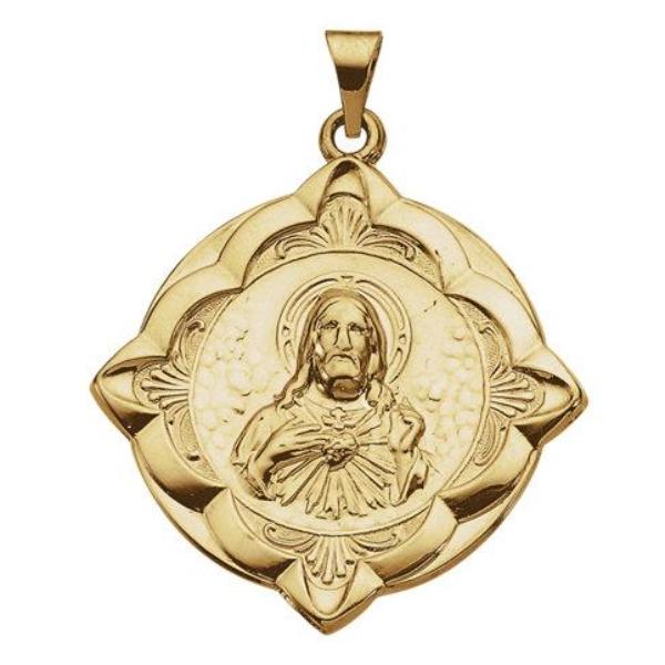 Sacred Heart of Jesus Fancy Pendant in 14 Karat Yellow 31 MM