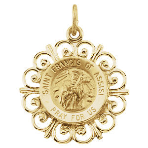 St Francis of Assisi Round Fleur de lis Yellow Gold Pendant 18 MM